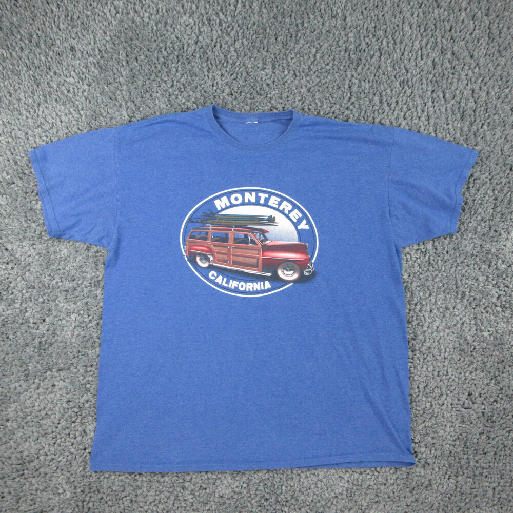 Woody Wagon Shirt Mens Blue Heather Surfboard Monterey California Graphic Tee